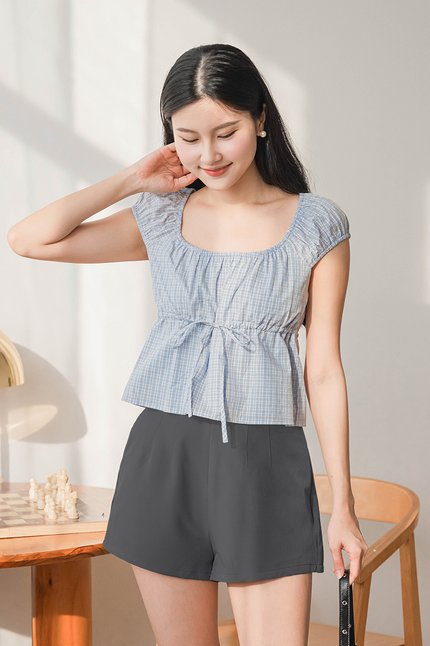 *PREORDER* Bailey Cap Sleeve Drawstring Top (Blue Plaid)