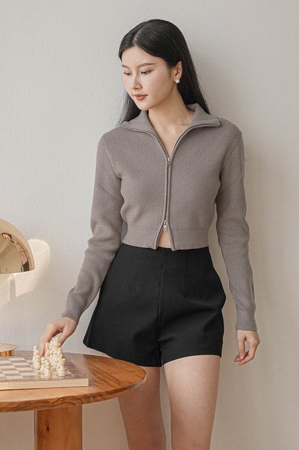Camille Double Zipper Long Sleeve Knit Top (Taupe)