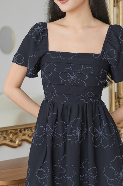 Hera Padded Flutter Sleeve Folds Dress (Midnight Florette)