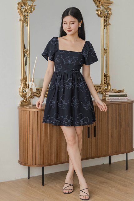 Hera Padded Flutter Sleeve Folds Dress (Midnight Florette)
