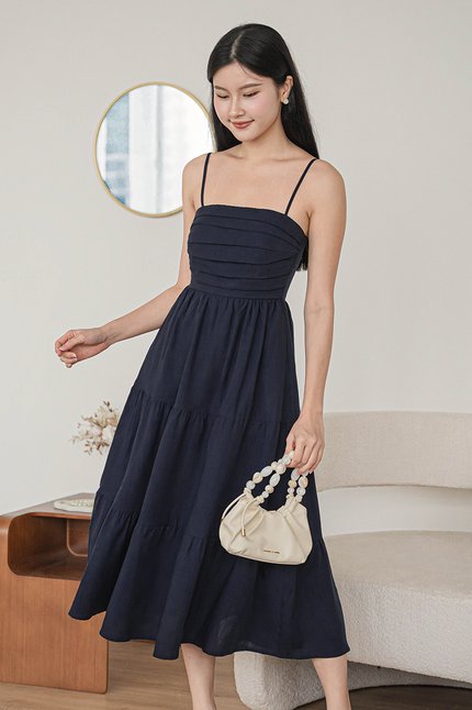 Jan Padded Folds Midaxi Dress (Navy)