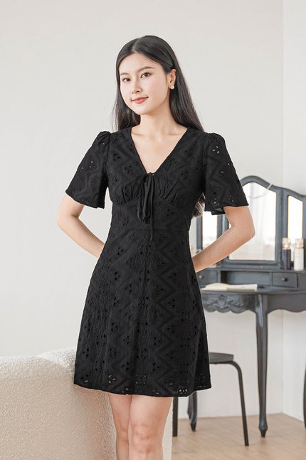 Klara Flare Sleeve Tie-Ribbon Dress (Black Eyelet)