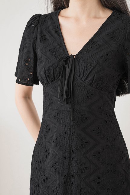 Klara Flare Sleeve Tie-Ribbon Dress (Black Eyelet)
