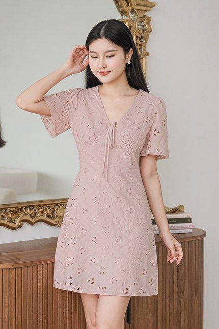 Klara Flare Sleeve Tie-Ribbon Dress (Petal Pink Eyelet)