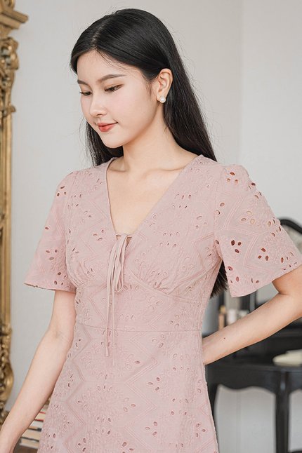 Klara Flare Sleeve Tie-Ribbon Dress (Petal Pink Eyelet)