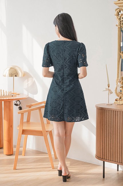 *RESTOCKED* Klara Flare Sleeve Tie-Ribbon Dress (Teal Eyelet)
