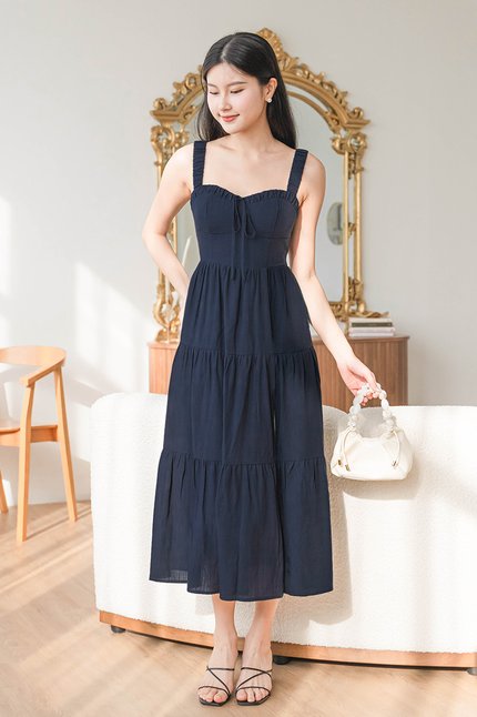 *PREORDER* Laura Padded Ruched Strap Midi Dress (Navy)