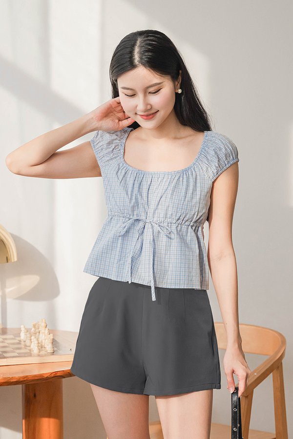 Bailey Cap Sleeve Drawstring Top (Blue Plaid)