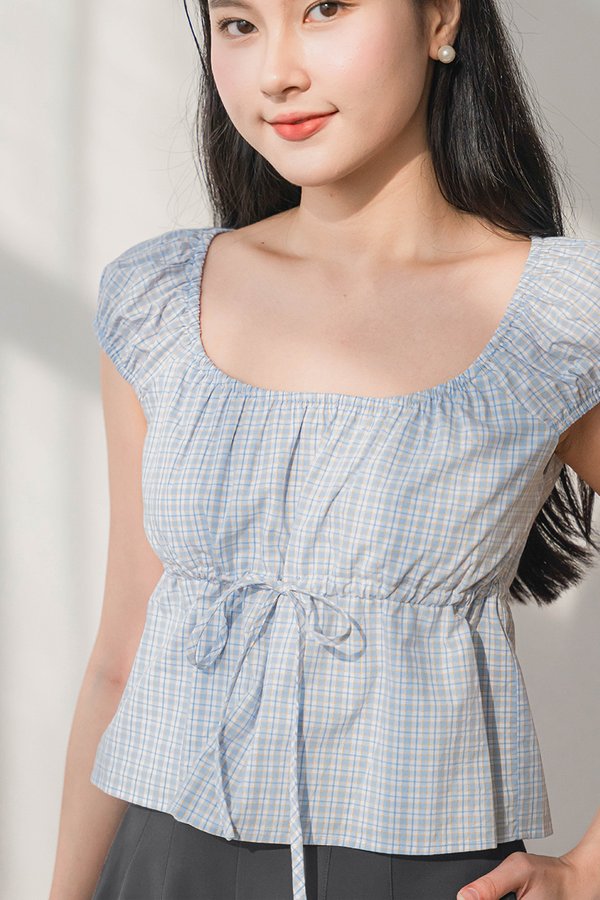 Bailey Cap Sleeve Drawstring Top (Blue Plaid)