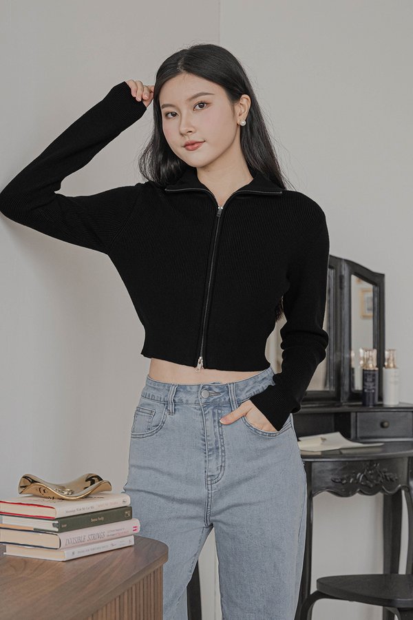 Camille Double Zipper Long Sleeve Knit Top (Black)