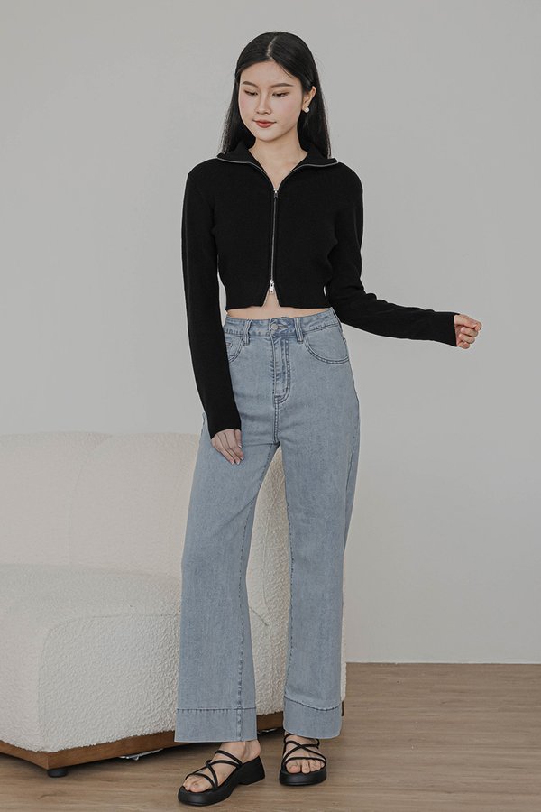 Camille Double Zipper Long Sleeve Knit Top (Black)