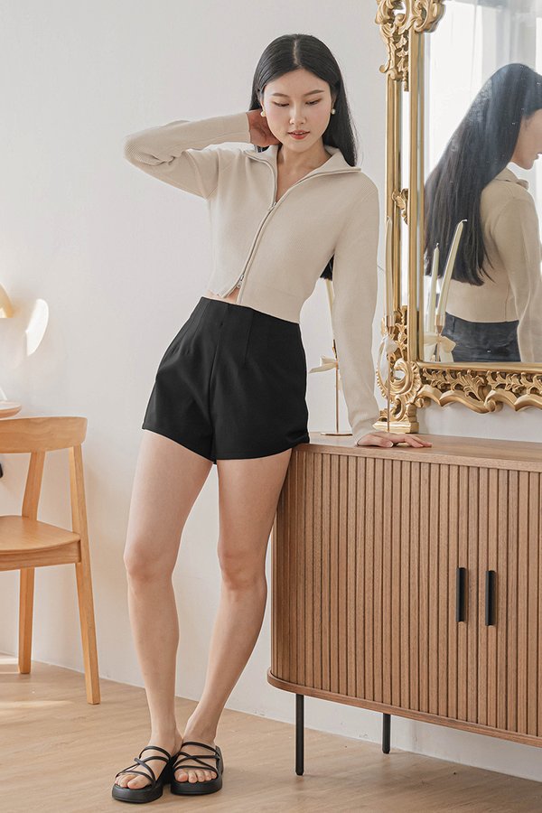 Camille Double Zipper Long Sleeve Knit Top (Sand)