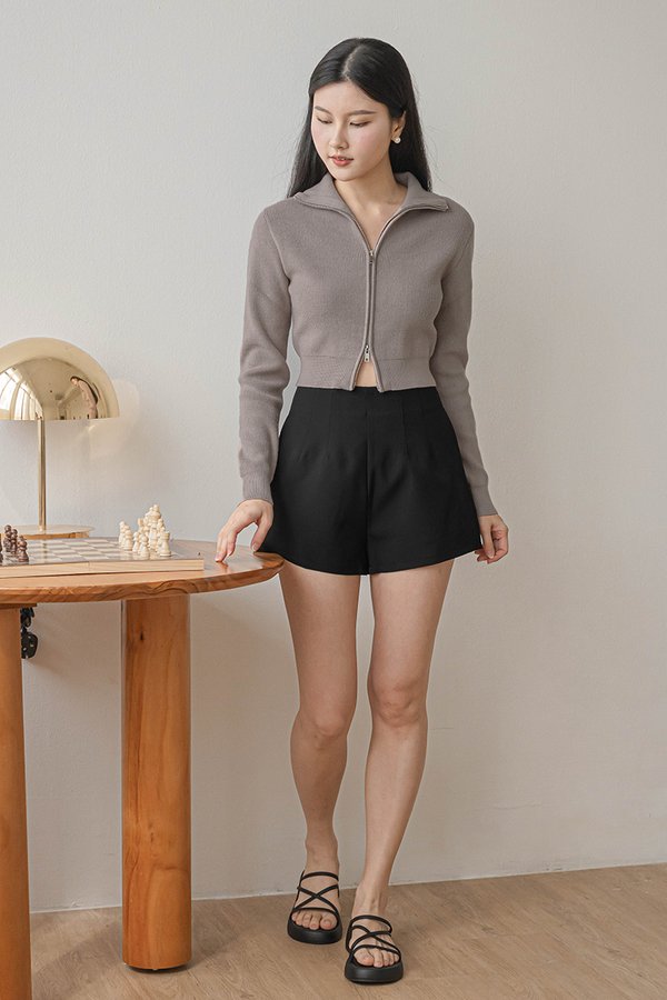 Camille Double Zipper Long Sleeve Knit Top (Taupe)