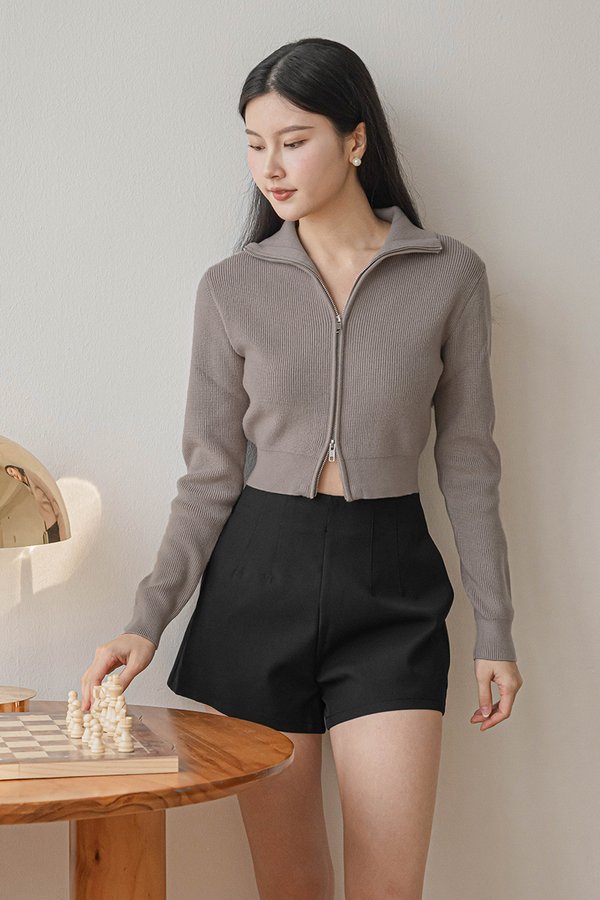 Camille Double Zipper Long Sleeve Knit Top (Taupe)