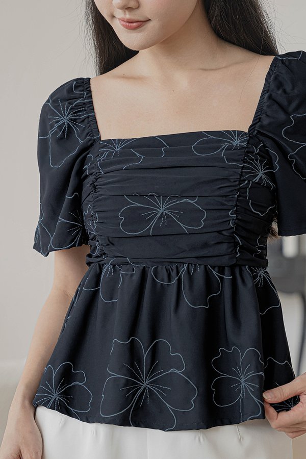 Dalsy Padded Flutter Sleeve Ruched Peplum Top (Midnight Florette)