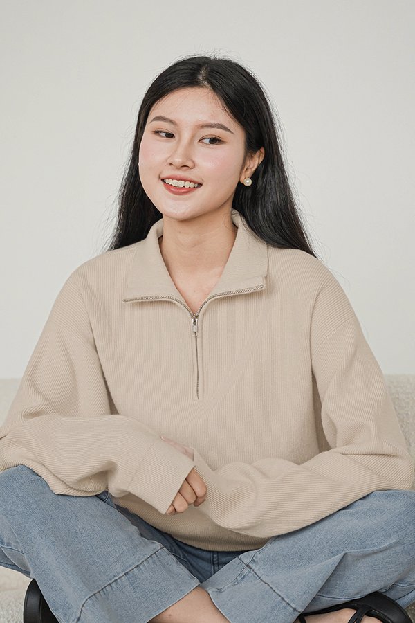 Carl Zipper Long Sleeve Knit Top (Sand)