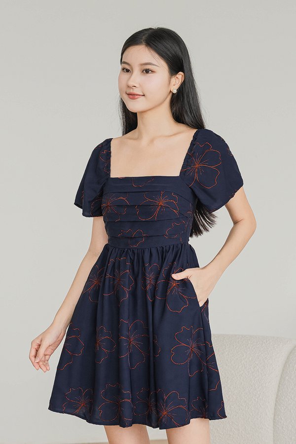 Hera Padded Flutter Sleeve Folds Dress (Navy Florette)