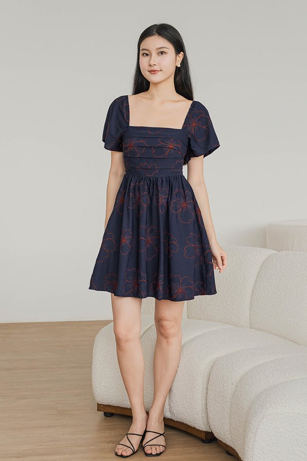 Hera Padded Flutter Sleeve Folds Dress (Navy Florette)