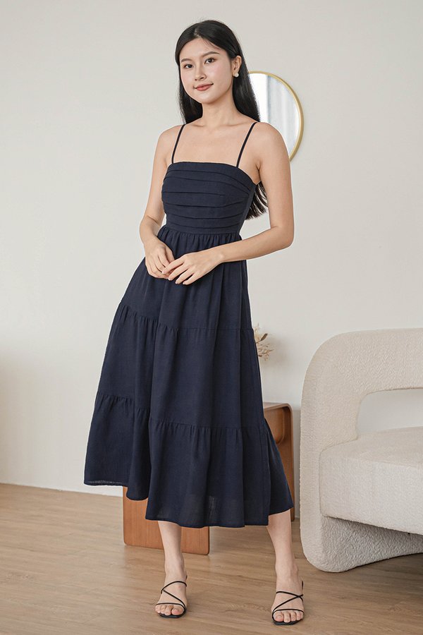 Jan Padded Folds Midaxi Dress (Navy)