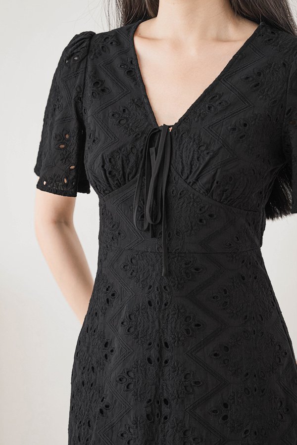Klara Flare Sleeve Tie-Ribbon Dress (Black Eyelet)