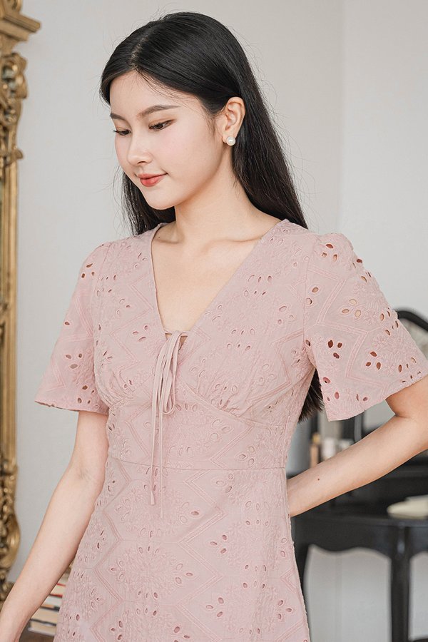 Klara Flare Sleeve Tie-Ribbon Dress (Petal Pink Eyelet)