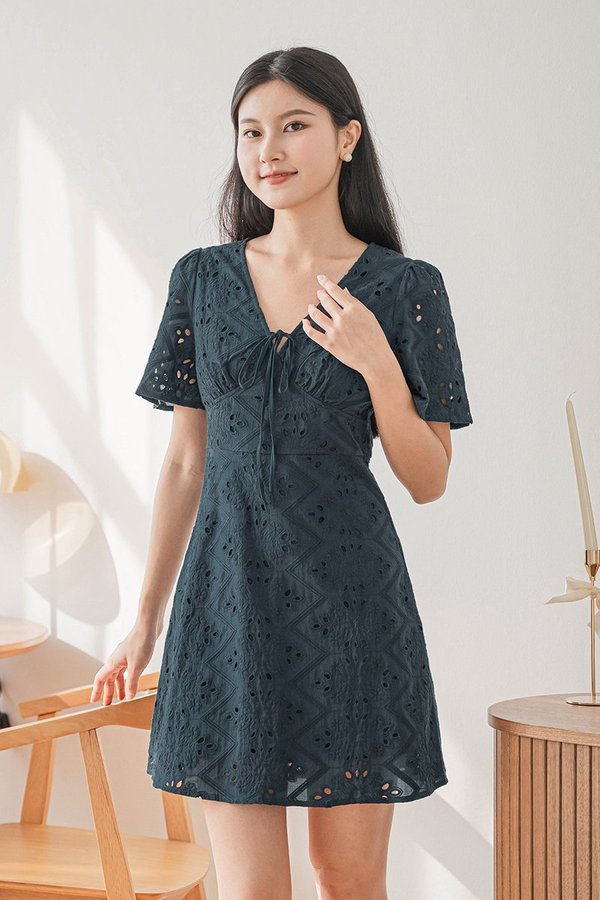 *RESTOCKED* Klara Flare Sleeve Tie-Ribbon Dress (Teal Eyelet)