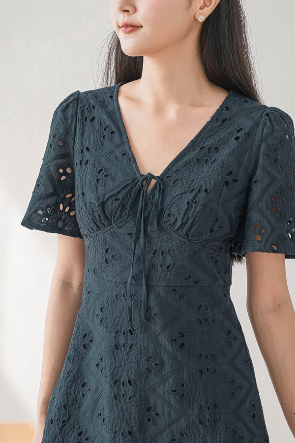 *RESTOCKED* Klara Flare Sleeve Tie-Ribbon Dress (Teal Eyelet)
