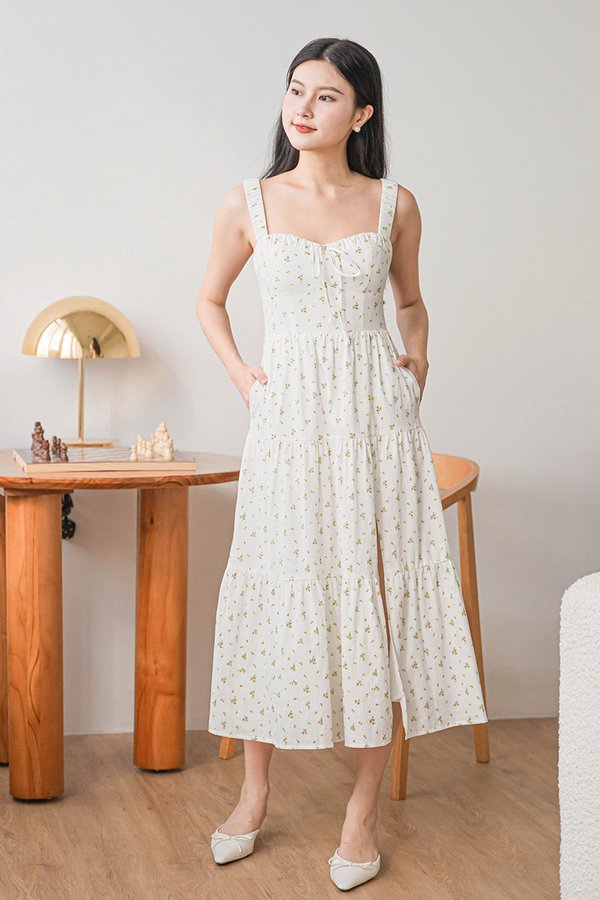 Laura Padded Ruched Strap Midi Dress (Marigold Garden)