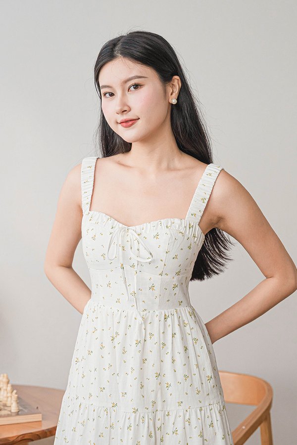 Laura Padded Ruched Strap Midi Dress (Marigold Garden)