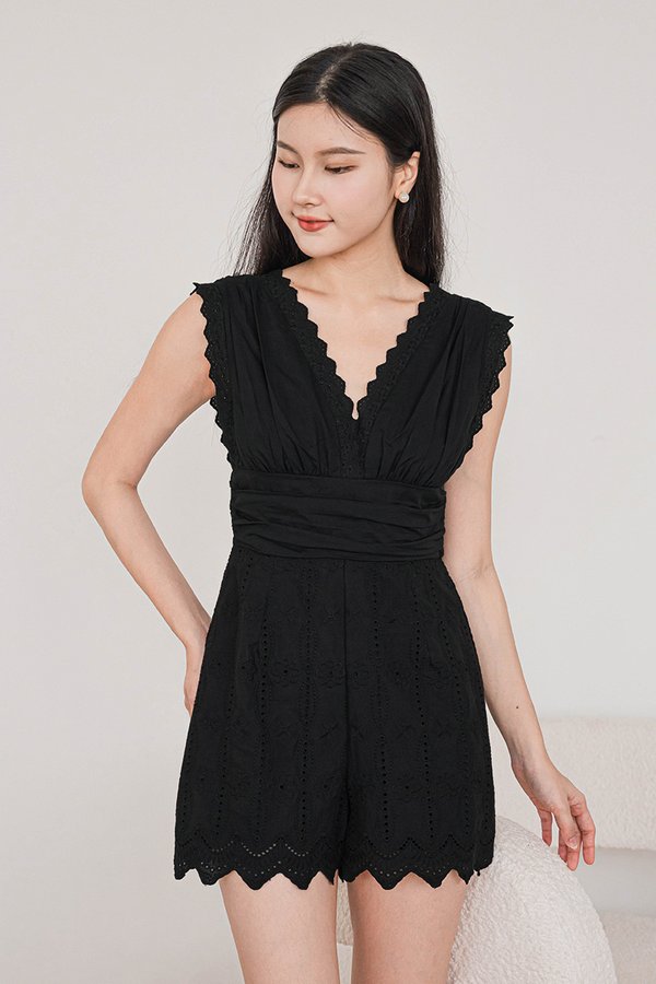 Tasha Eyelet Trim Hem Romper (Black)