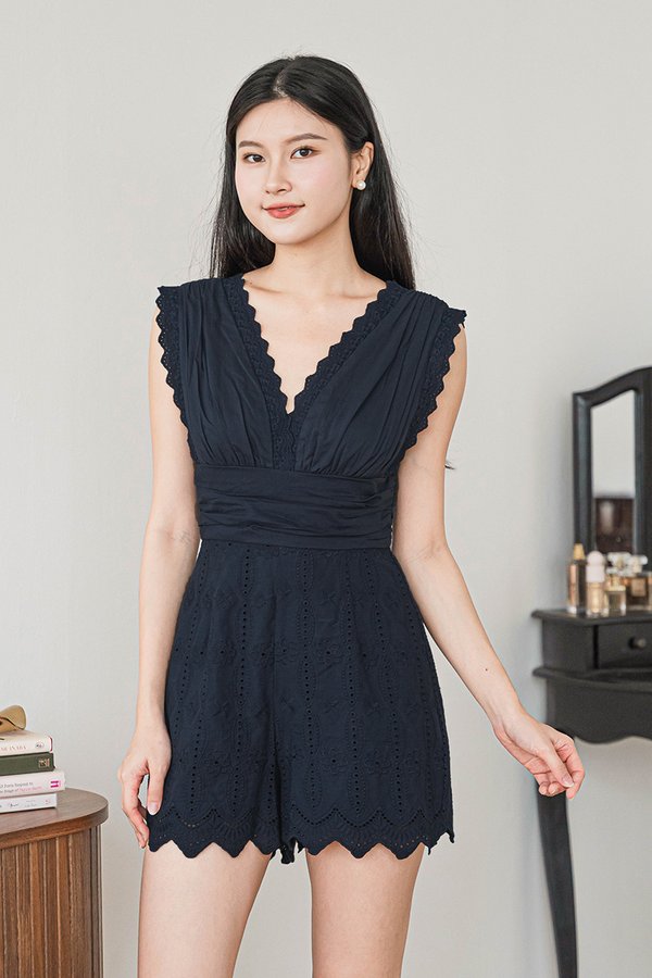 Tasha Eyelet Trim Hem Romper (Midnight)