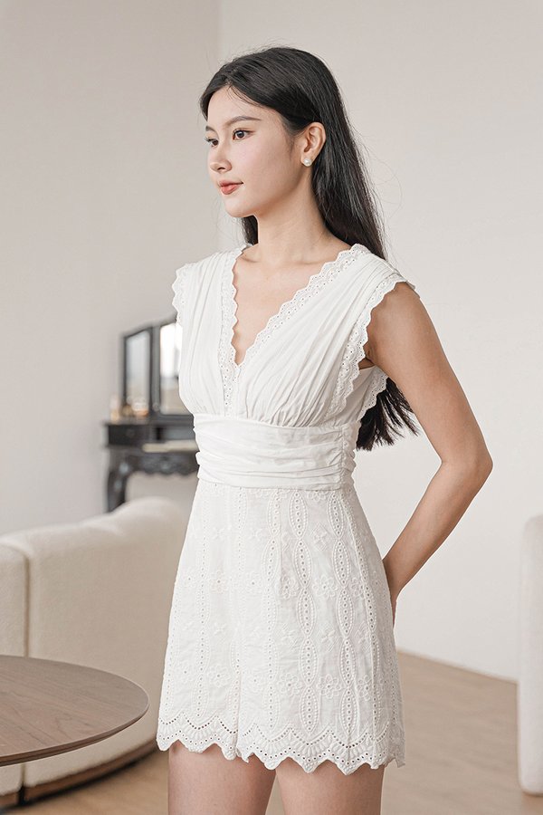 Tasha Eyelet Trim Hem Romper (White)
