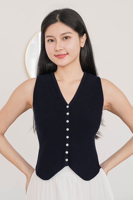 Claud Button Vest Knit Top (Midnight)