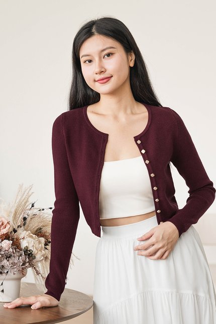 Eleanor Square Pearl Button Cardigan Top (Wine)