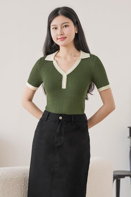 Harper Colourblock Collared Knit Top (Matcha)