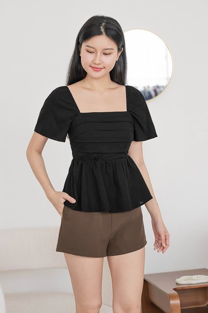 Heidi Padded Folds Peplum Top (Black)