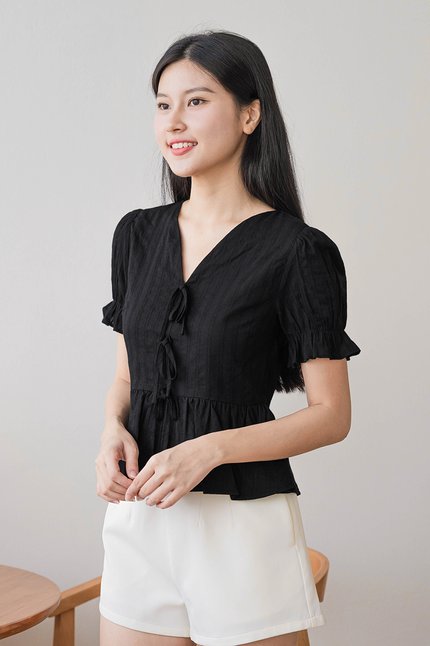 Thea Ribbon Peplum Top (Black)