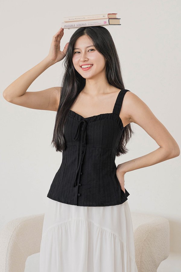 Aurelia Padded Ruched Strap Top (Black)