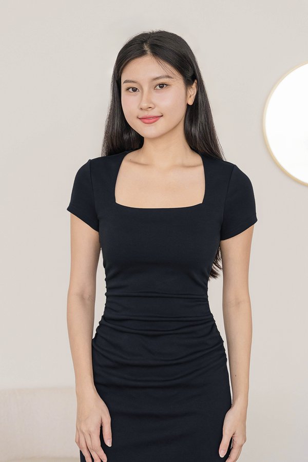 *RESTOCKED* Constance Padded Ruched Midi Dress (Midnight)