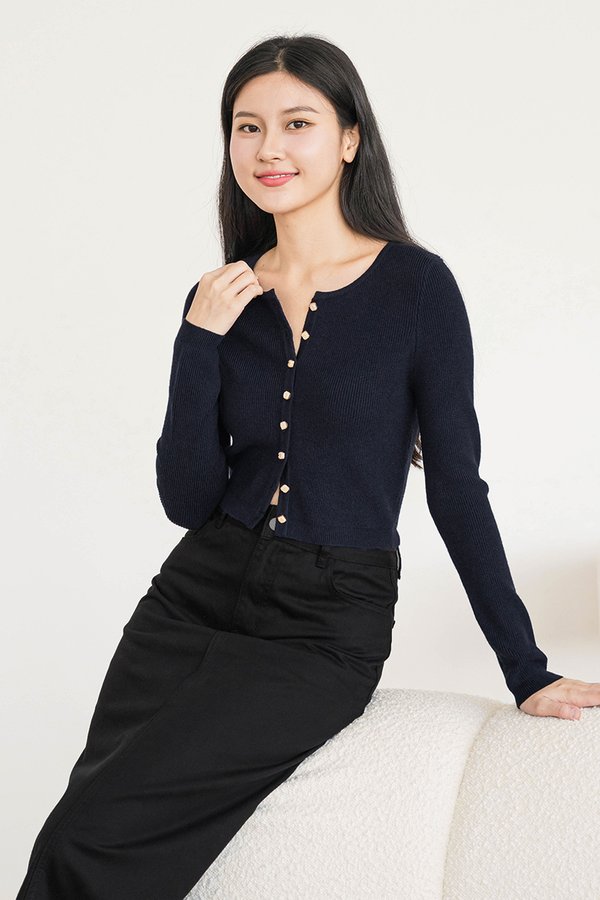 Eleanor Square Pearl Button Cardigan Top (Royal Navy)