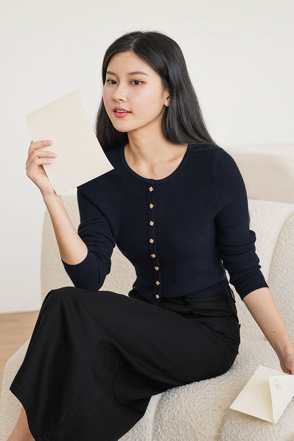 Eleanor Square Pearl Button Cardigan Top (Royal Navy)