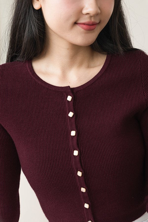 Eleanor Square Pearl Button Cardigan Top (Wine)
