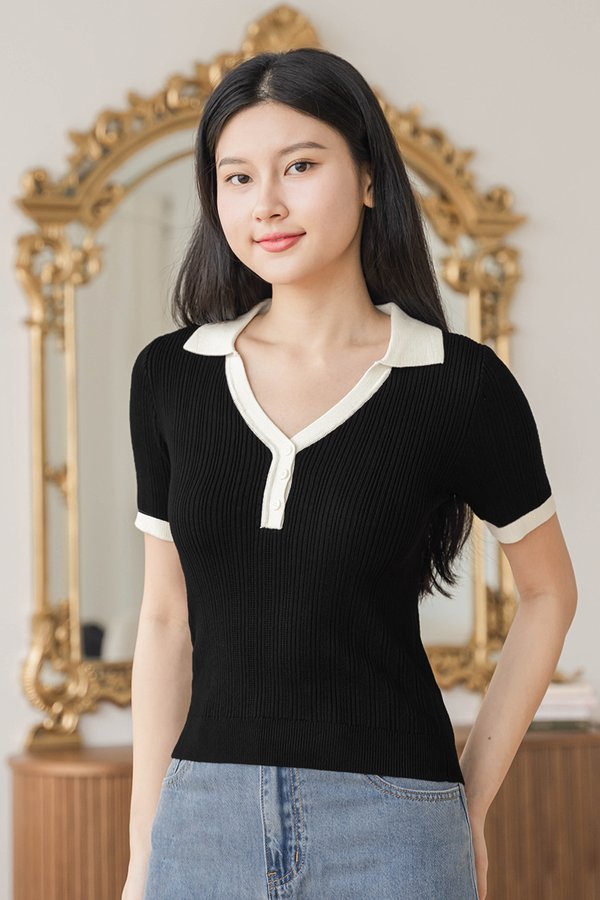 Harper Colourblock Collared Knit Top (Black)