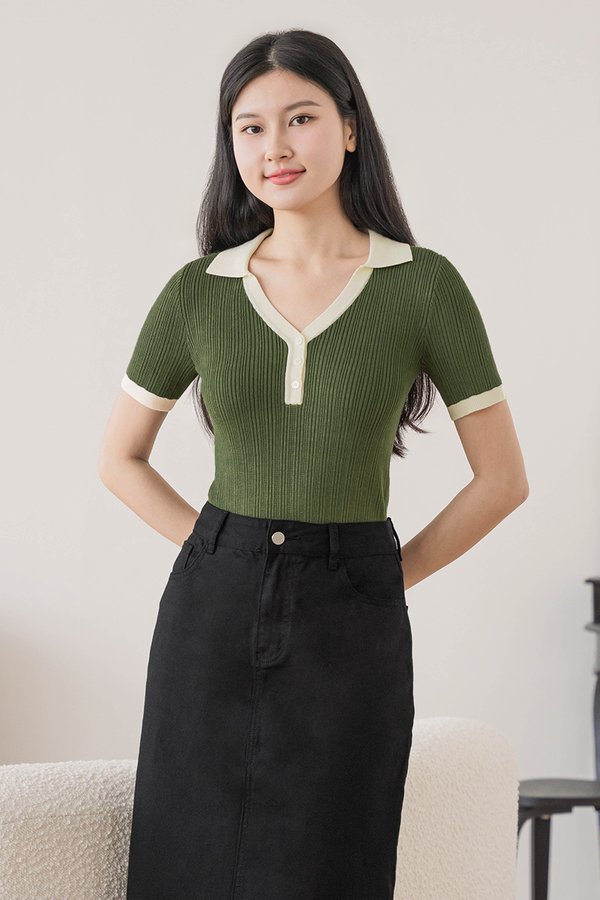 Harper Colourblock Collared Knit Top (Matcha)