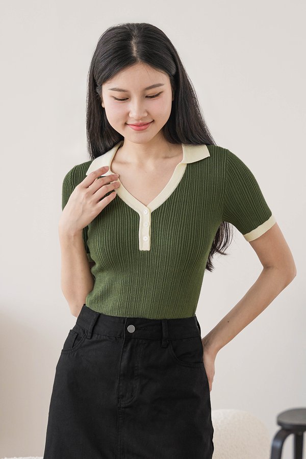 Harper Colourblock Collared Knit Top (Matcha)
