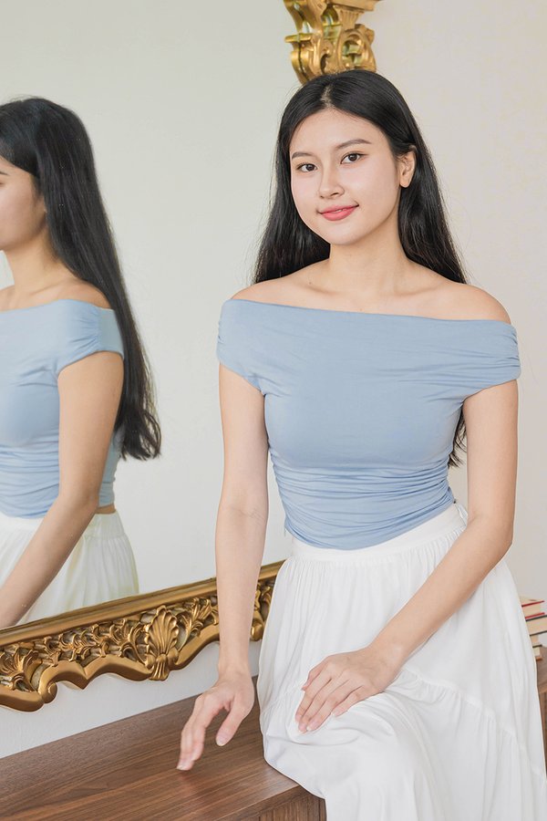 Noelle Padded Off-Shoulder Ruched Top (Icy Blue)