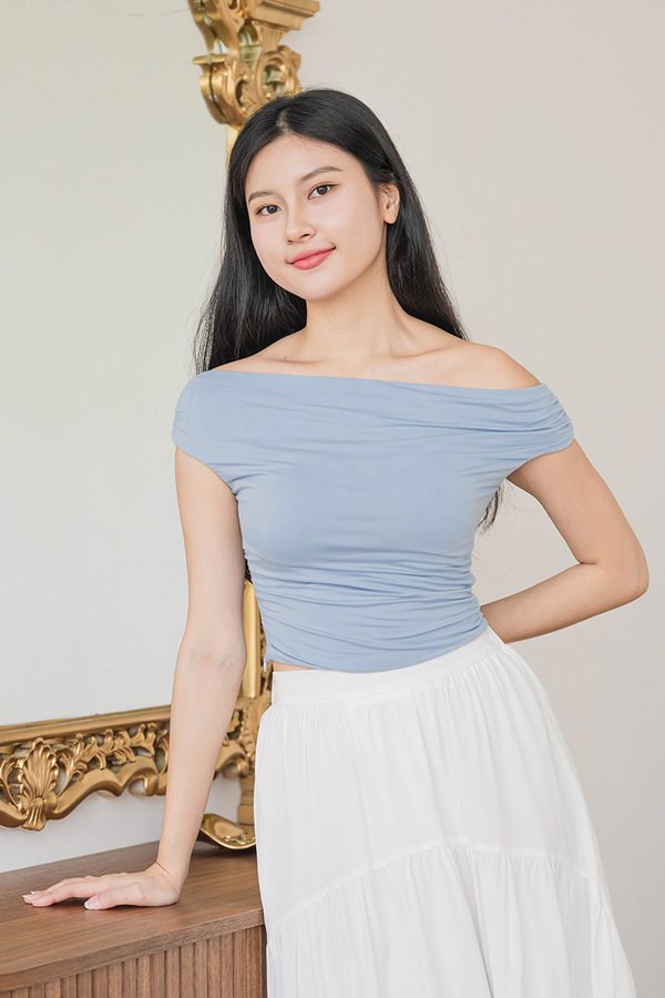 Noelle Padded Off-Shoulder Ruched Top (Icy Blue)