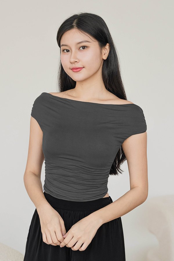 Noelle Padded Off-Shoulder Ruched Top (Shadow)