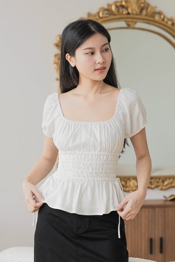 Shauna Gather Peplum Top (White)