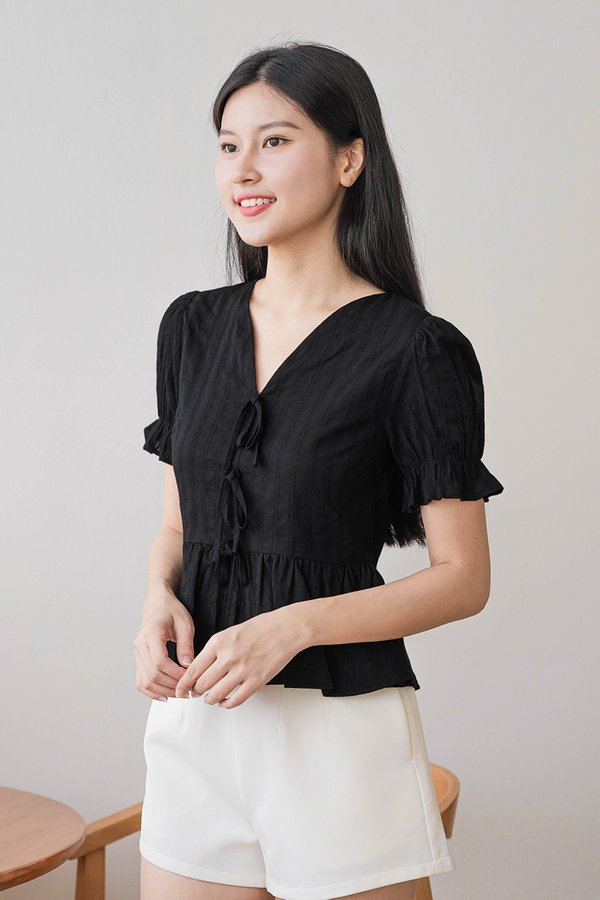 Thea Ribbon Peplum Top (Black)